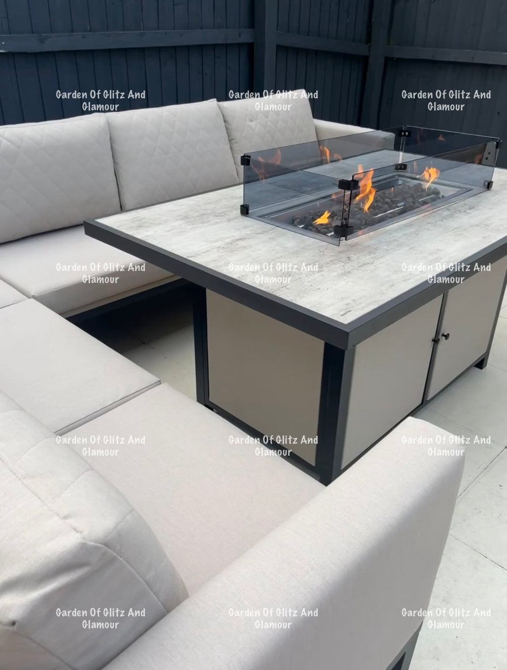 Vancouver Cream Aluminium 10 Seater Corner Fire Pit Dining Set