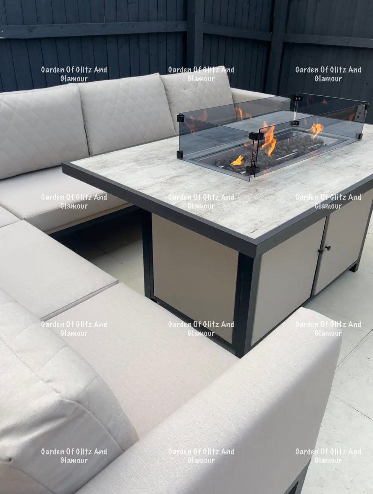 Vancouver Cream Aluminium 10 Seater Corner Fire Pit Dining Set