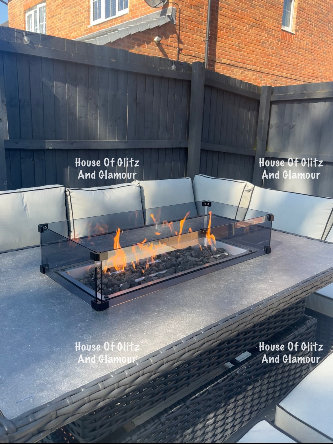 Manhattan Black Rattan 8 Seater Corner Fire Pit Dining Set with Rising Table