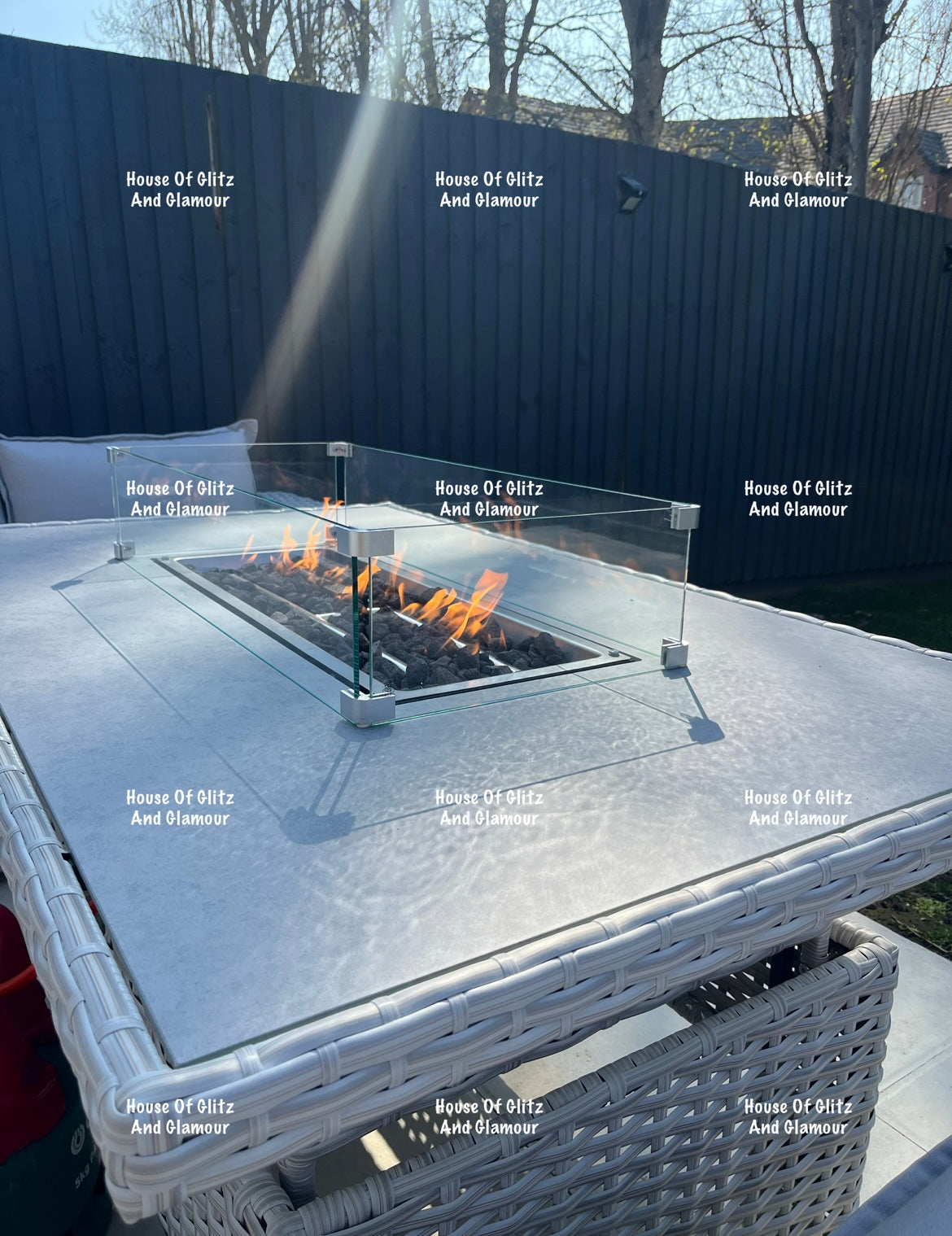 Santiago Grey Rattan 8 Seater Corner Fire Pit Dining Set | Rising Table Garden Furniture
