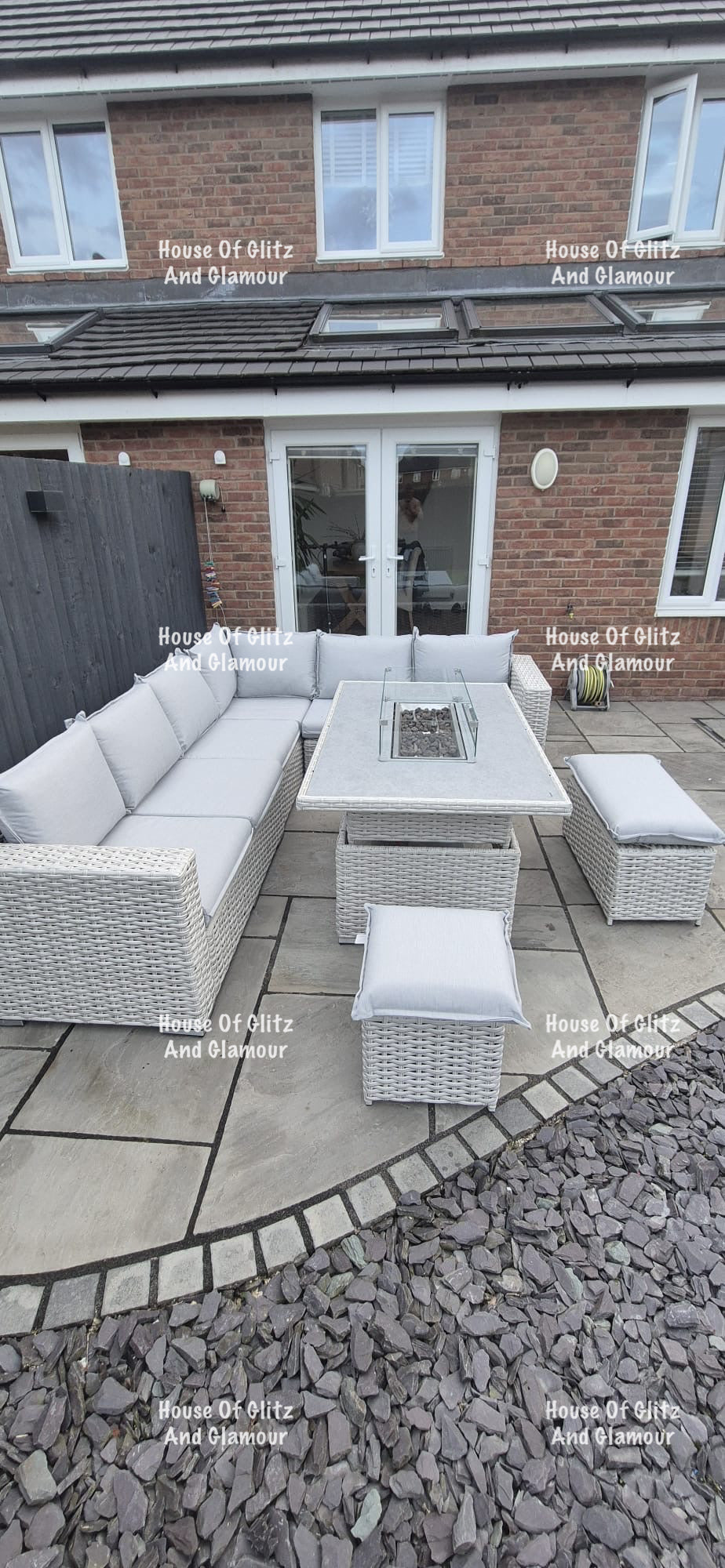 Santiago Grey Rattan 8 Seater Corner Fire Pit Dining Set | Rising Table Garden Furniture