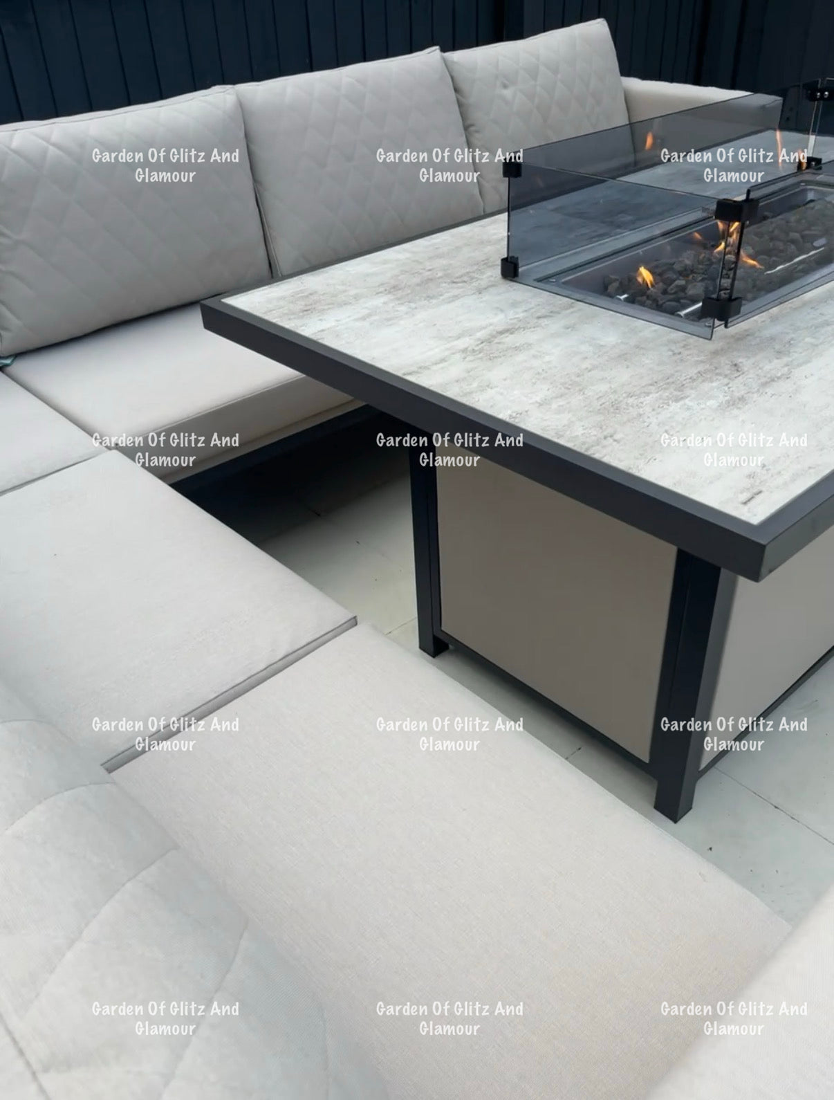 Vancouver Cream Aluminium 10 Seater Corner Fire Pit Dining Set