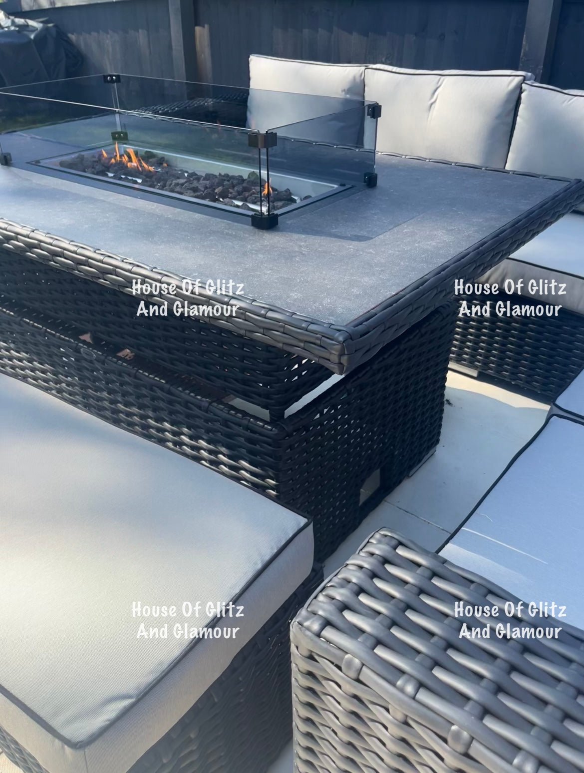 Manhattan Black Rattan 8 Seater Corner Fire Pit Dining Set with Rising Table