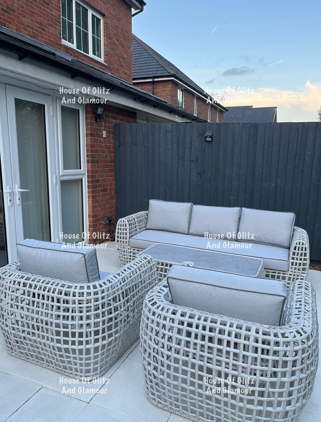 Hanley Grey Rattan Garden Sofa Set – 2 Armchairs & Coffee Table