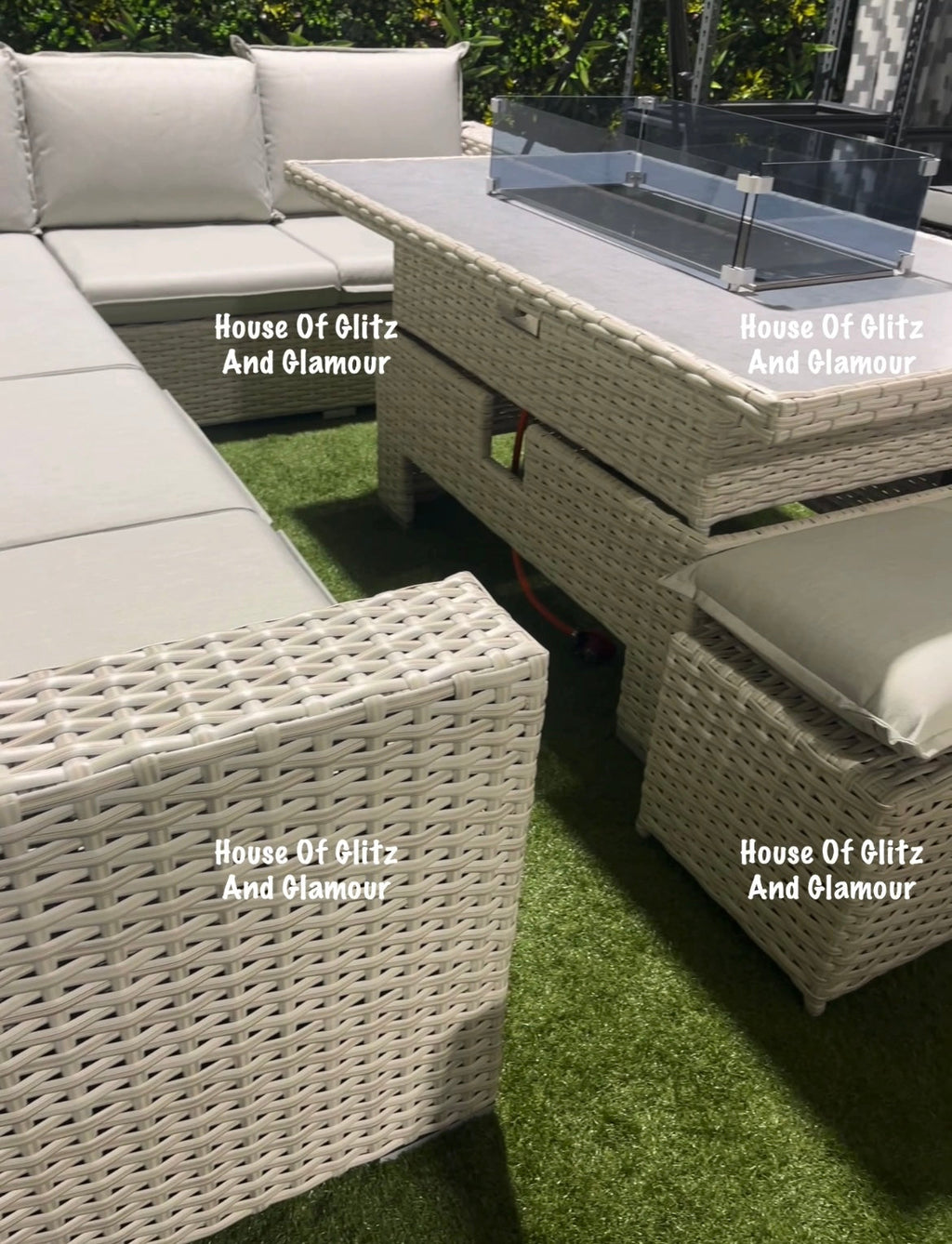 Santiago Grey Rattan 8 Seater Corner Fire Pit Dining Set | Rising Table Garden Furniture
