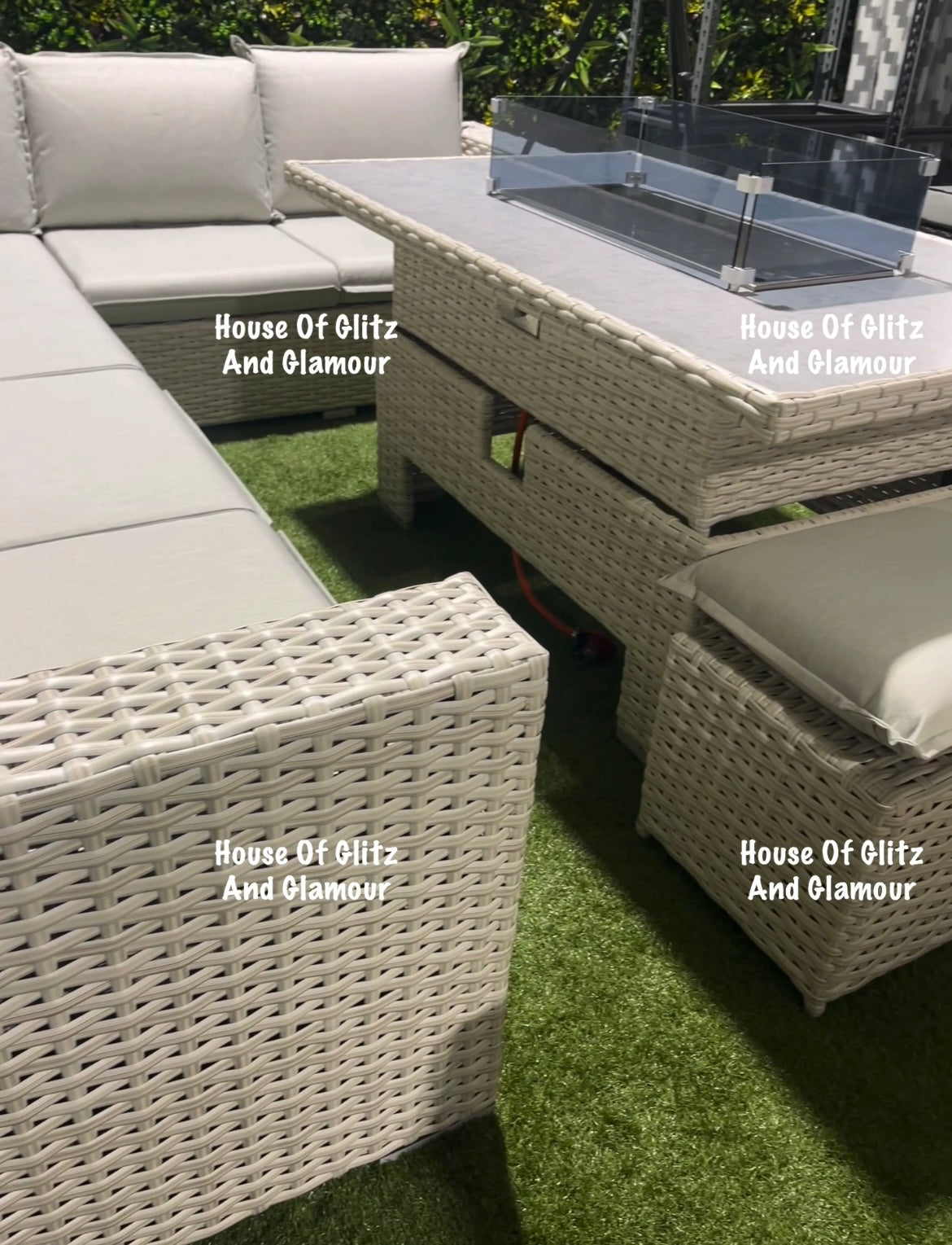 Santiago Grey Rattan 8 Seater Corner Fire Pit Dining Set | Rising Table Garden Furniture