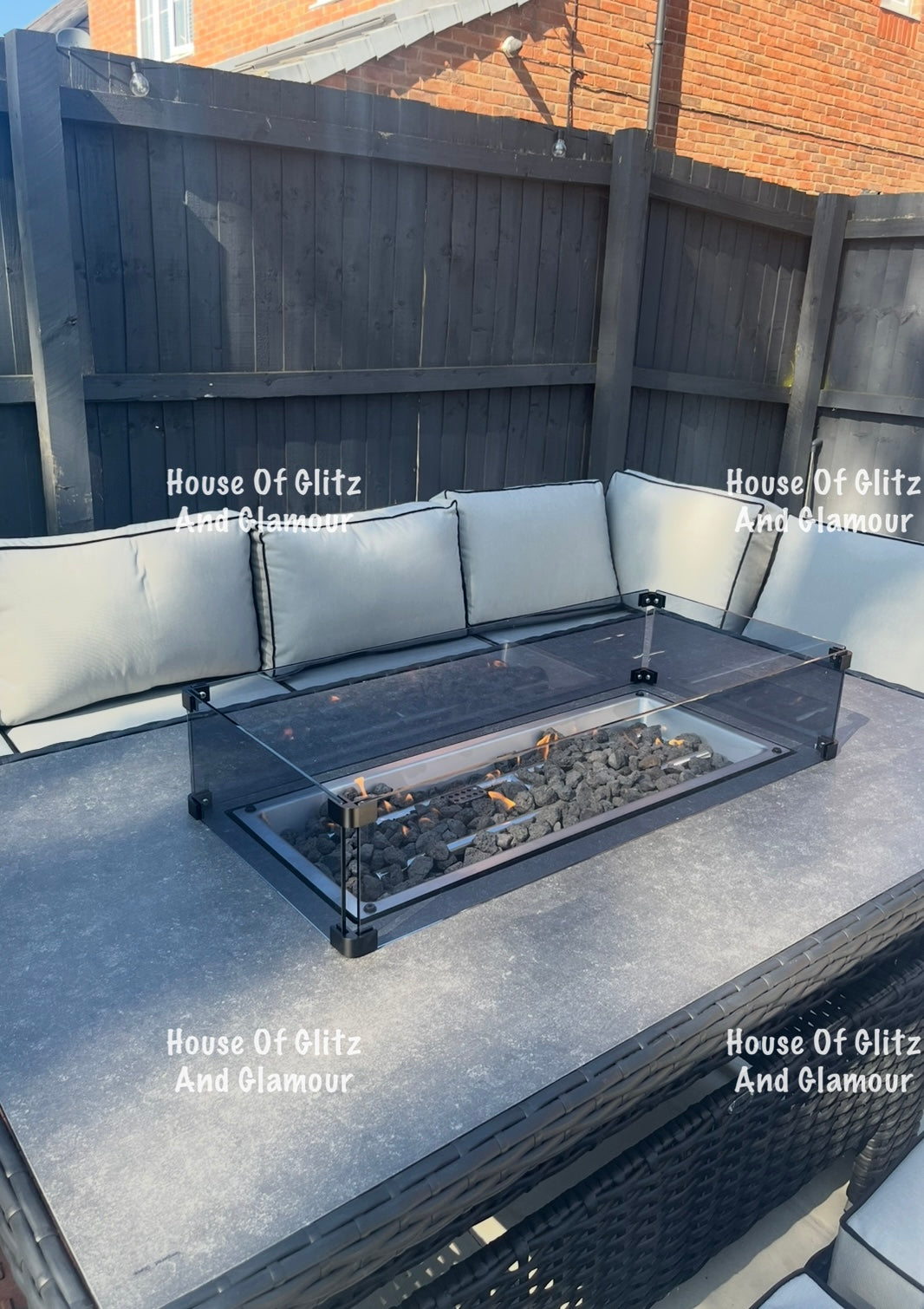 Manhattan Black Rattan 8 Seater Corner Fire Pit Dining Set with Rising Table