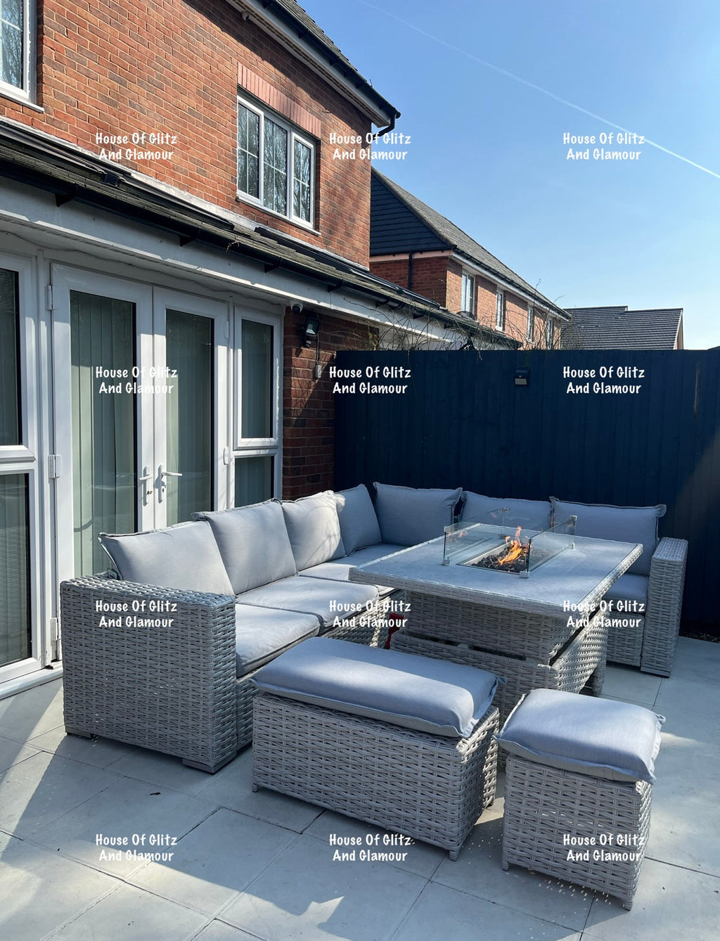 Santiago Grey Rattan 8 Seater Corner Fire Pit Dining Set | Rising Table Garden Furniture
