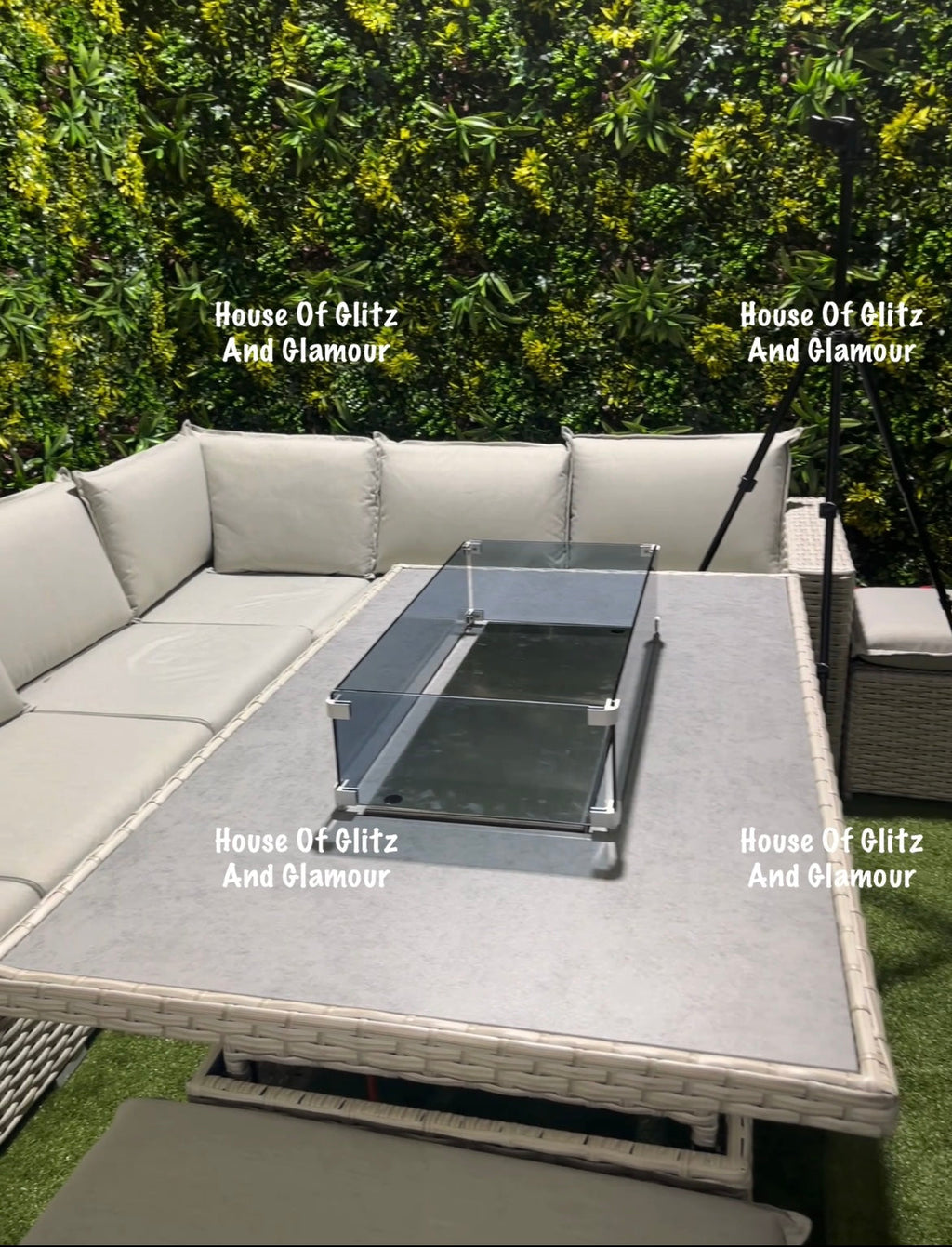 Santiago Grey Rattan 8 Seater Corner Fire Pit Dining Set | Rising Table Garden Furniture