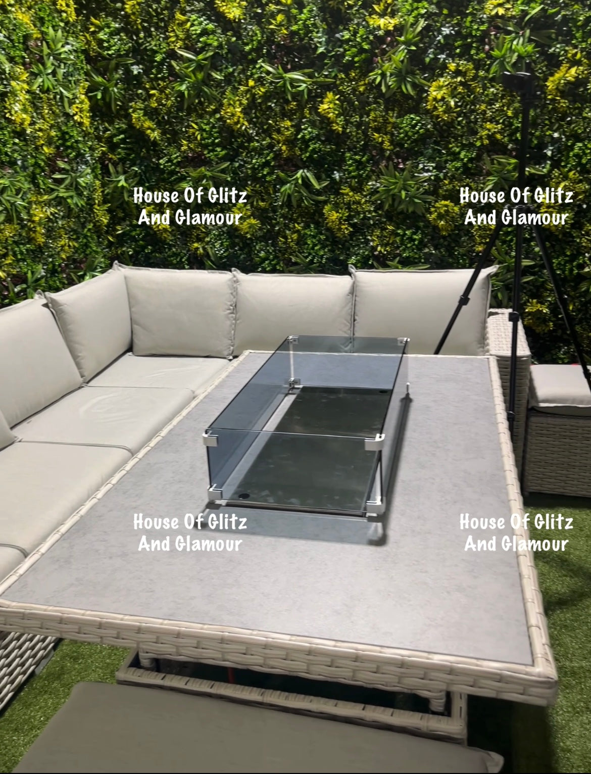 Santiago Grey Rattan 8 Seater Corner Fire Pit Dining Set | Rising Table Garden Furniture