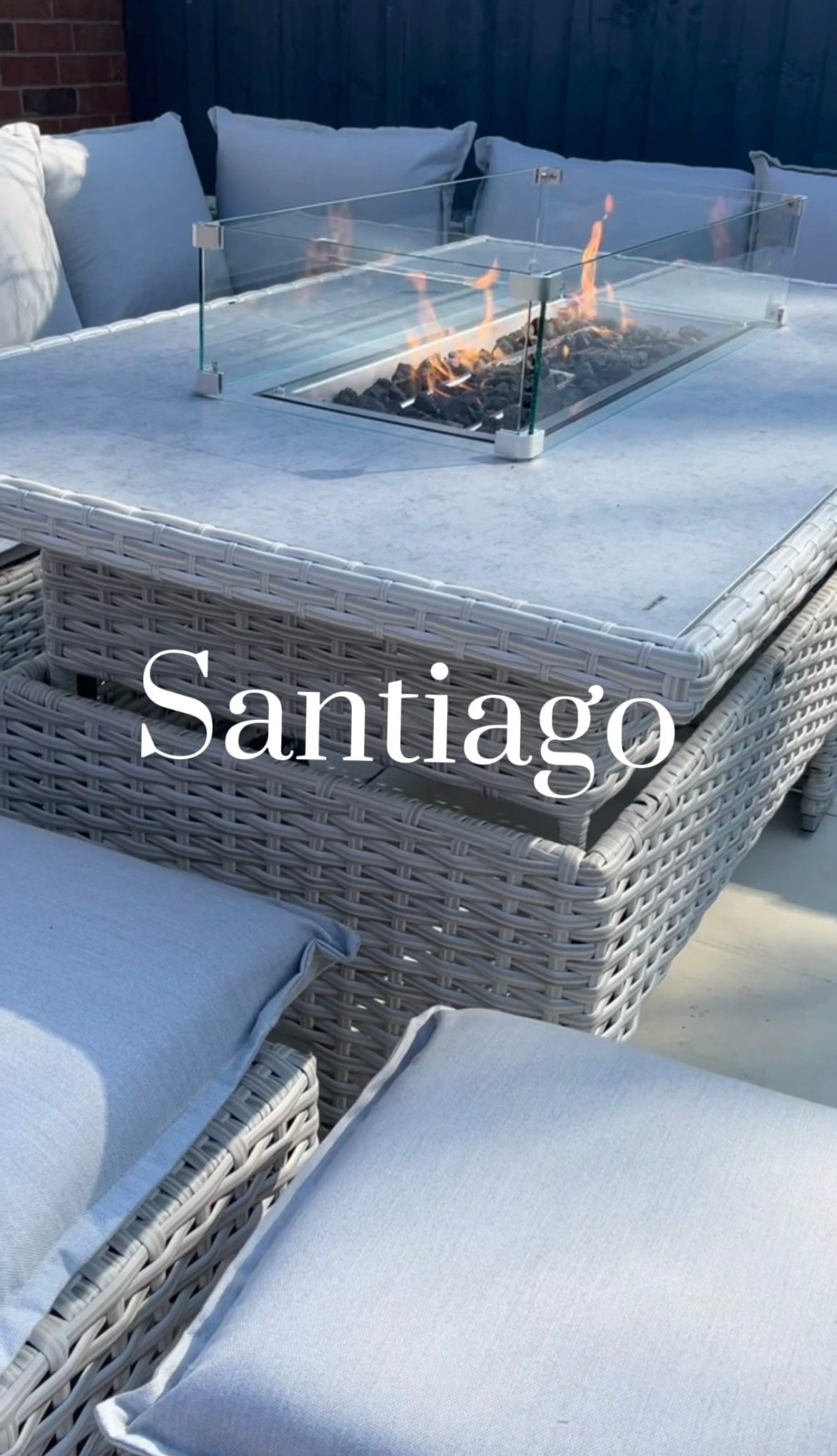 Santiago Grey Rattan 8 Seater Corner Fire Pit Dining Set | Rising Table Garden Furniture