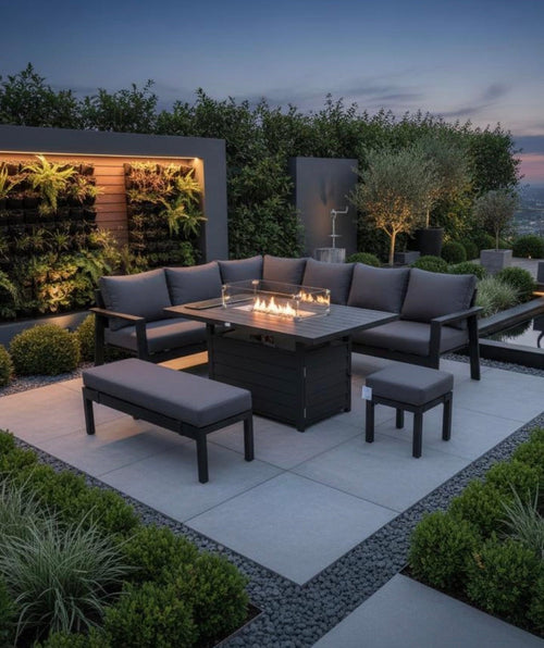 Dakota Black Aluminium Fire Pit Dining Set UK | 10 Seater Garden Set