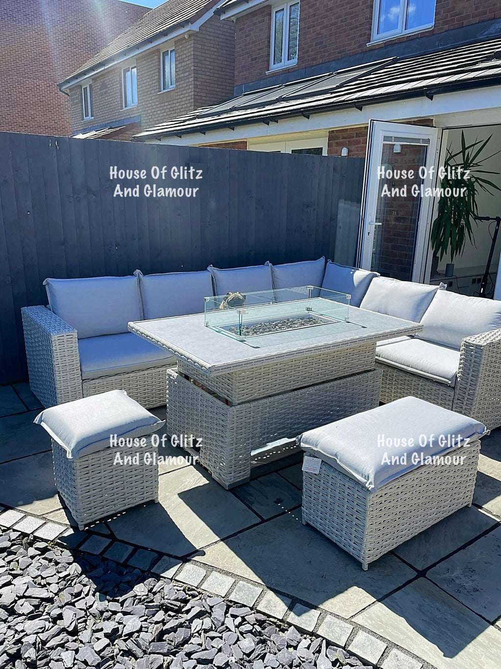 Santiago Grey Rattan 8 Seater Corner Fire Pit Dining Set | Rising Table Garden Furniture