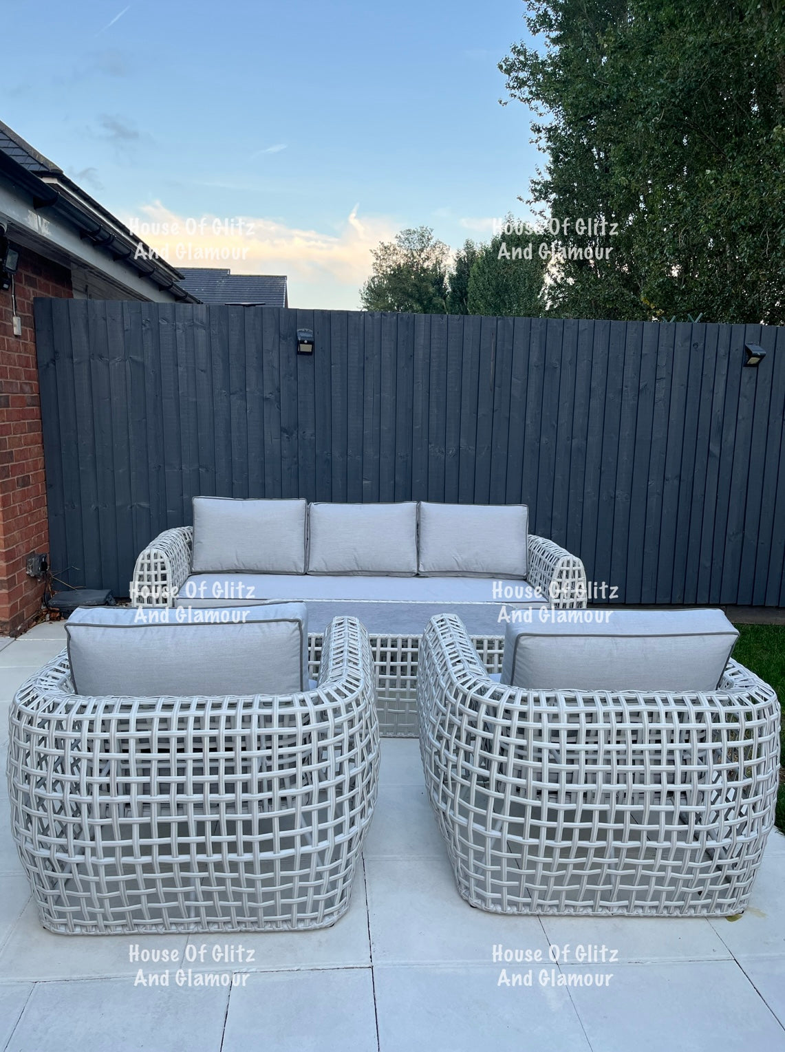 Hanley Grey Rattan Garden Sofa Set – 2 Armchairs & Coffee Table