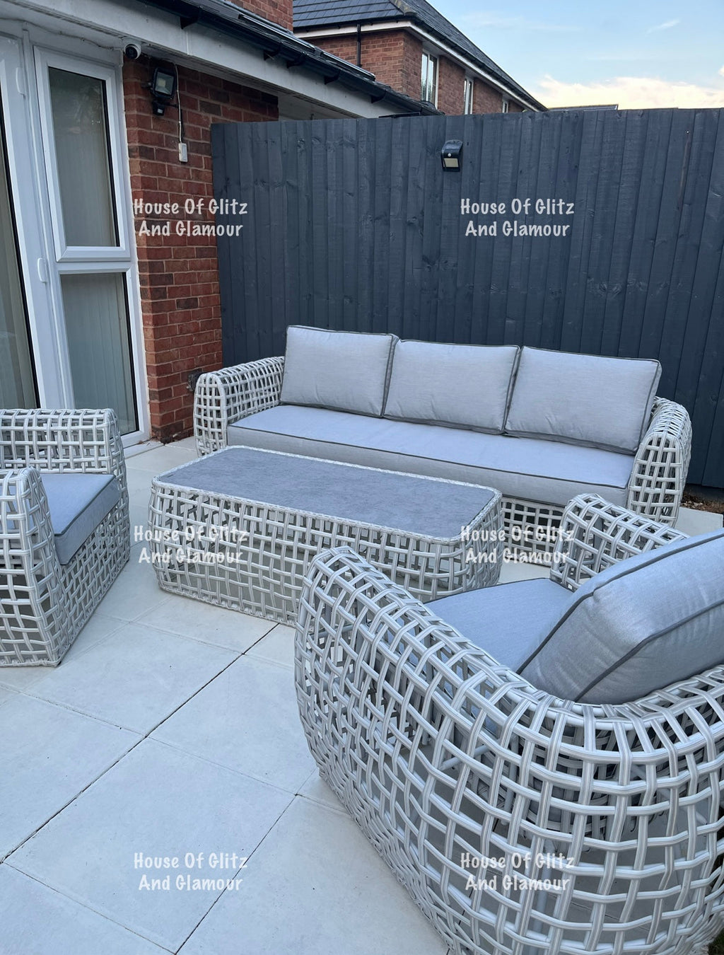 Hanley Grey Rattan Garden Sofa Set – 2 Armchairs & Coffee Table