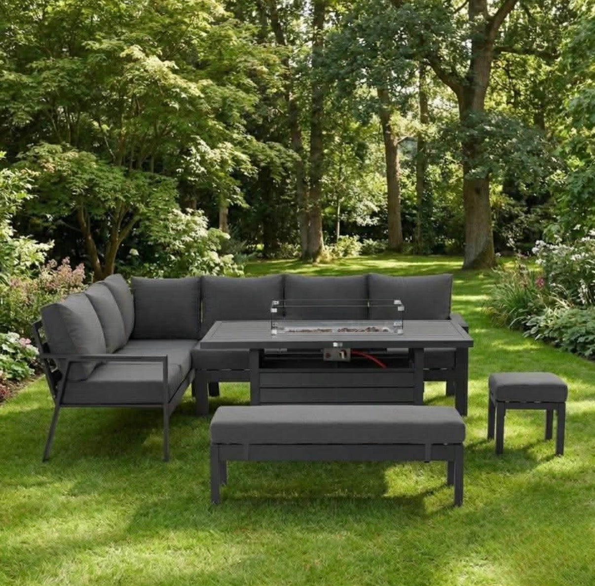 Dakota Black Aluminium Fire Pit Dining Set UK | 10 Seater Garden Set
