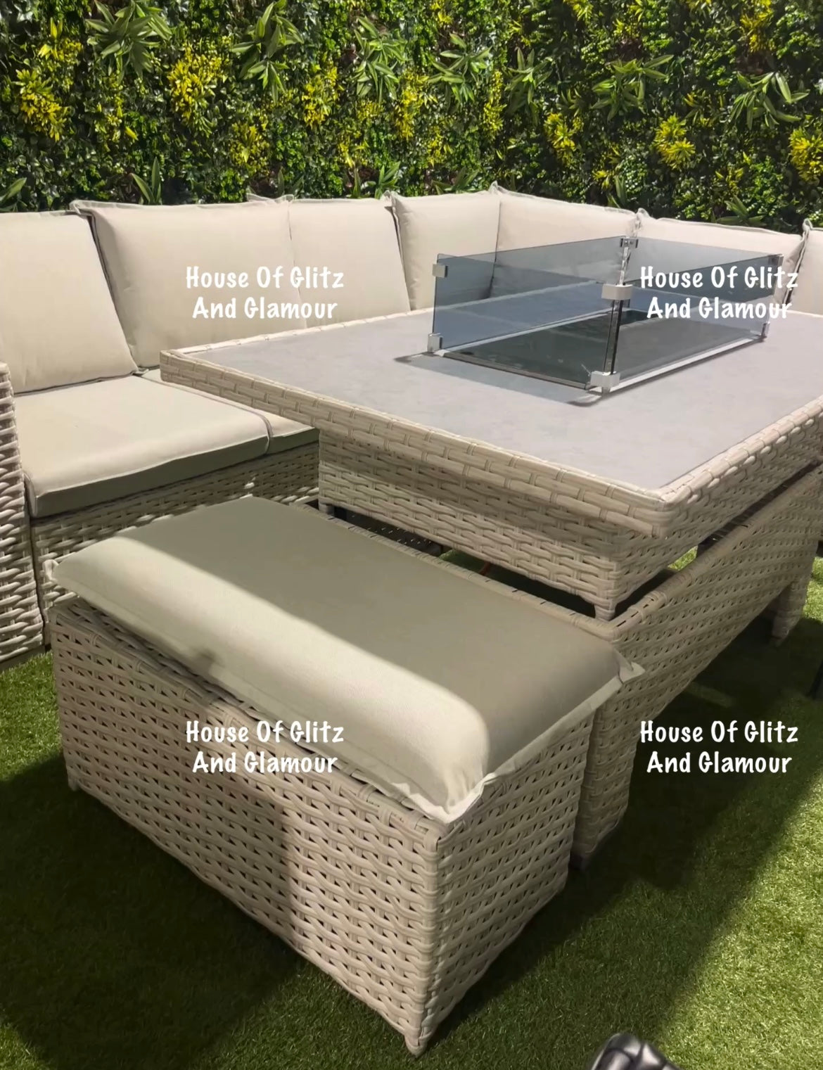 Santiago Grey Rattan 8 Seater Corner Fire Pit Dining Set | Rising Table Garden Furniture