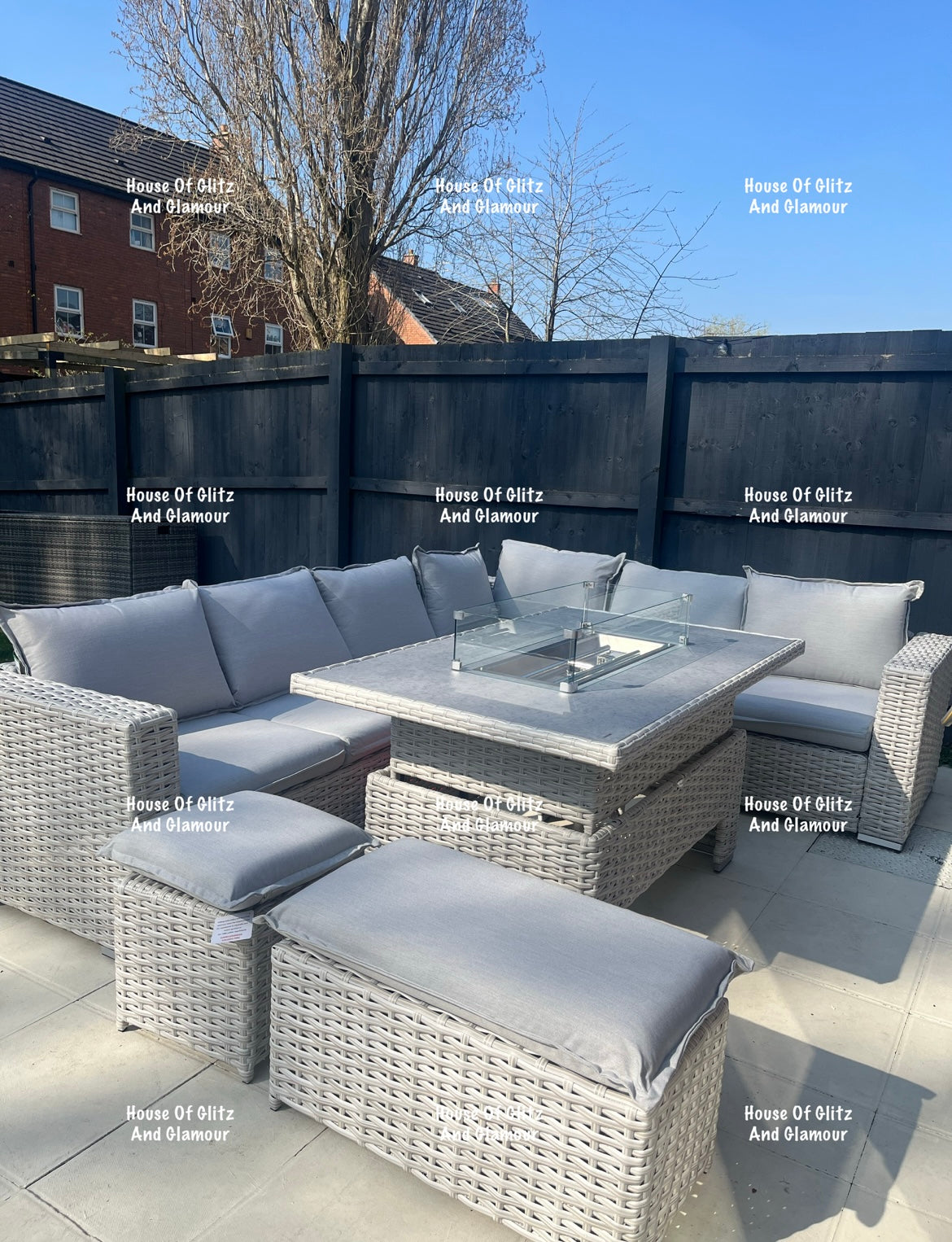 Santiago Grey Rattan 8 Seater Corner Fire Pit Dining Set | Rising Table Garden Furniture