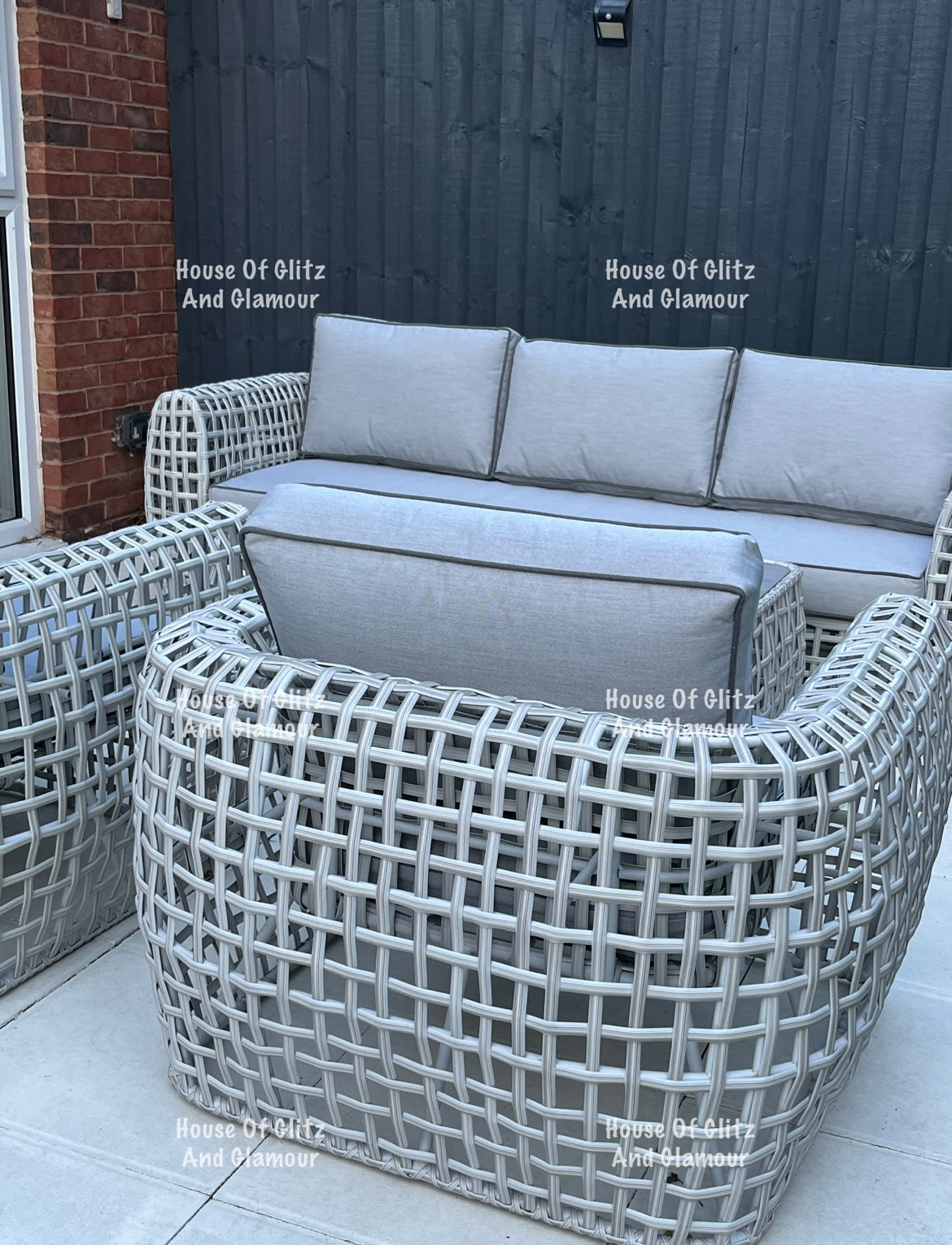 Hanley Grey Rattan Garden Sofa Set – 2 Armchairs & Coffee Table