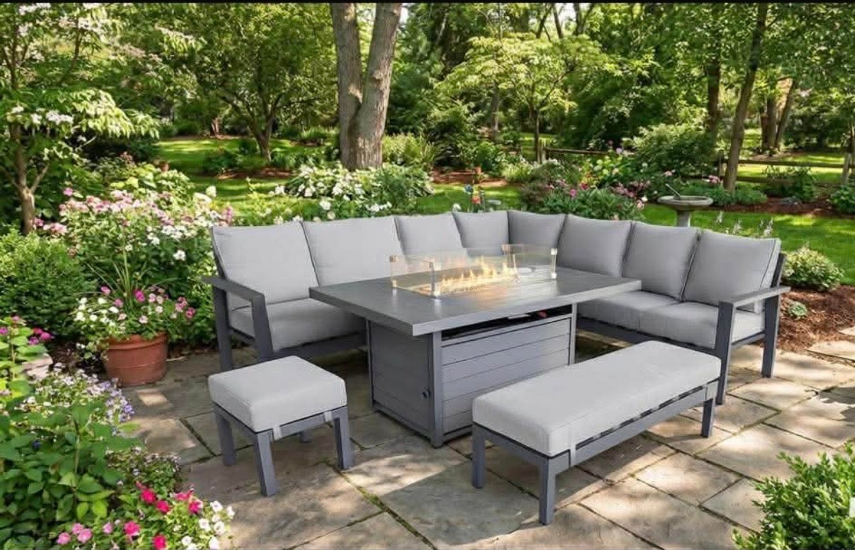 Dakota Grey Aluminium Fire Pit Dining Set UK | 10 Seater Corner Sofa
