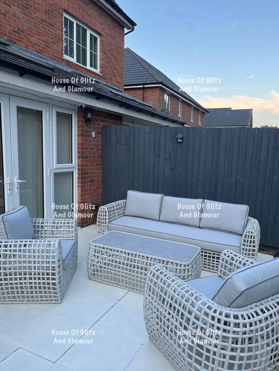 Hanley Grey Rattan Garden Sofa Set – 2 Armchairs & Coffee Table