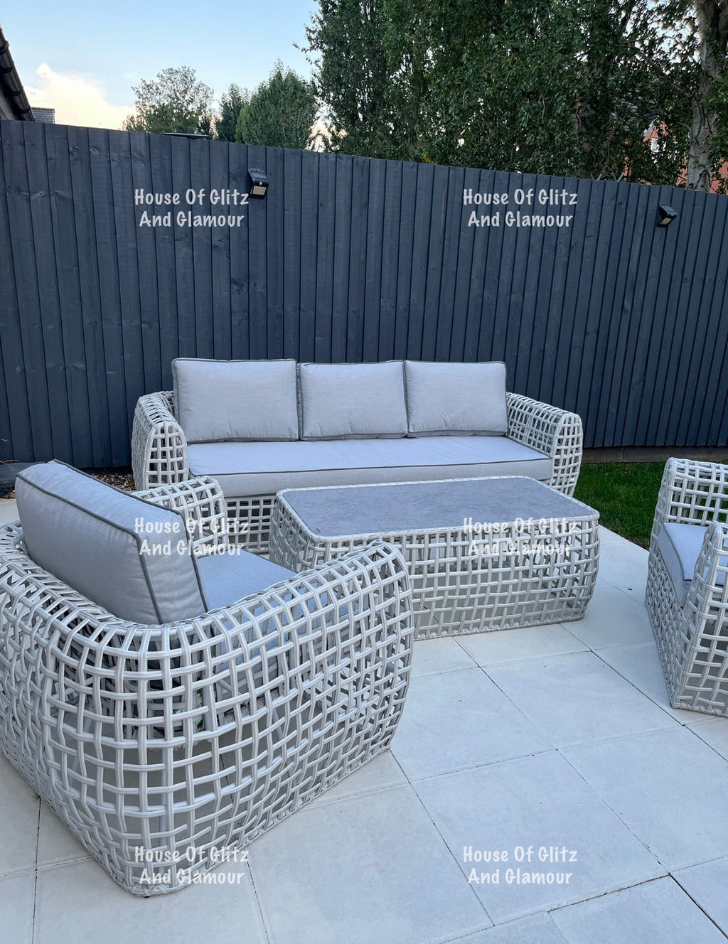 Hanley Grey Rattan Garden Sofa Set – 2 Armchairs & Coffee Table