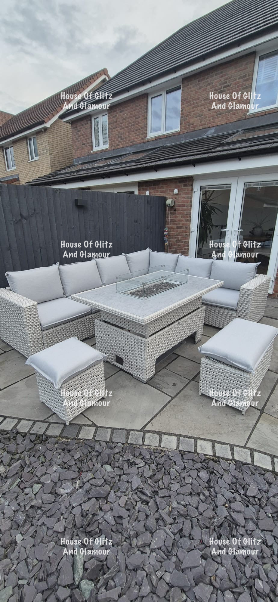 Santiago Grey Rattan 8 Seater Corner Fire Pit Dining Set | Rising Table Garden Furniture