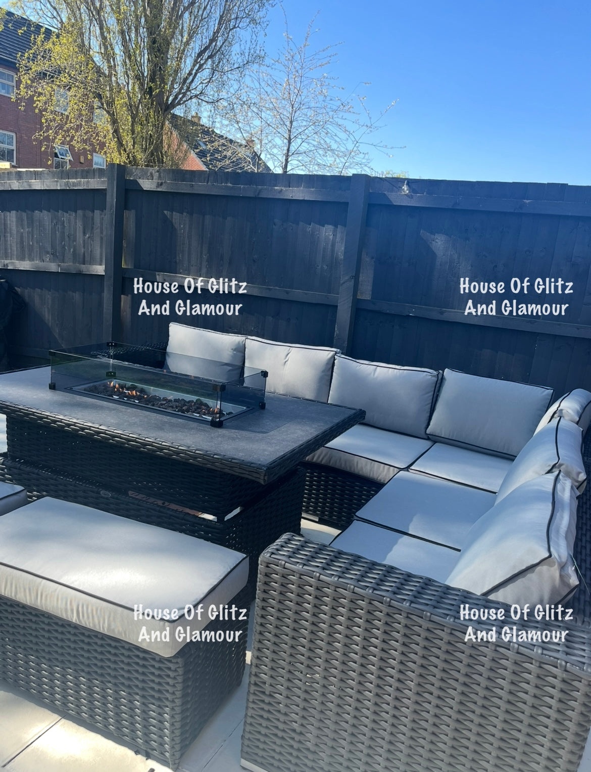 Manhattan Black Rattan 8 Seater Corner Fire Pit Dining Set with Rising Table