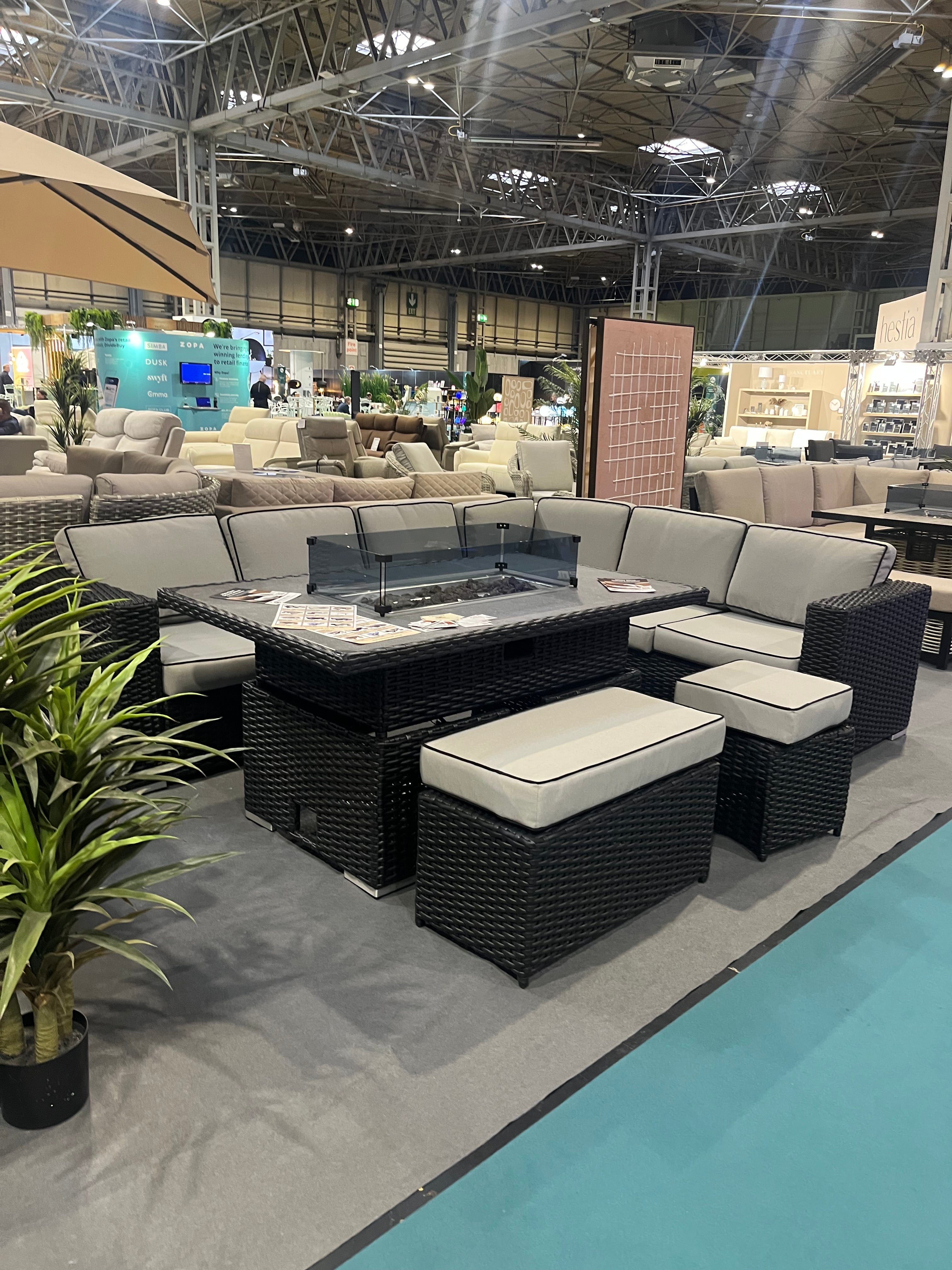 Manhattan Black Rattan 8 Seater Corner Fire Pit Dining Set with Rising Table