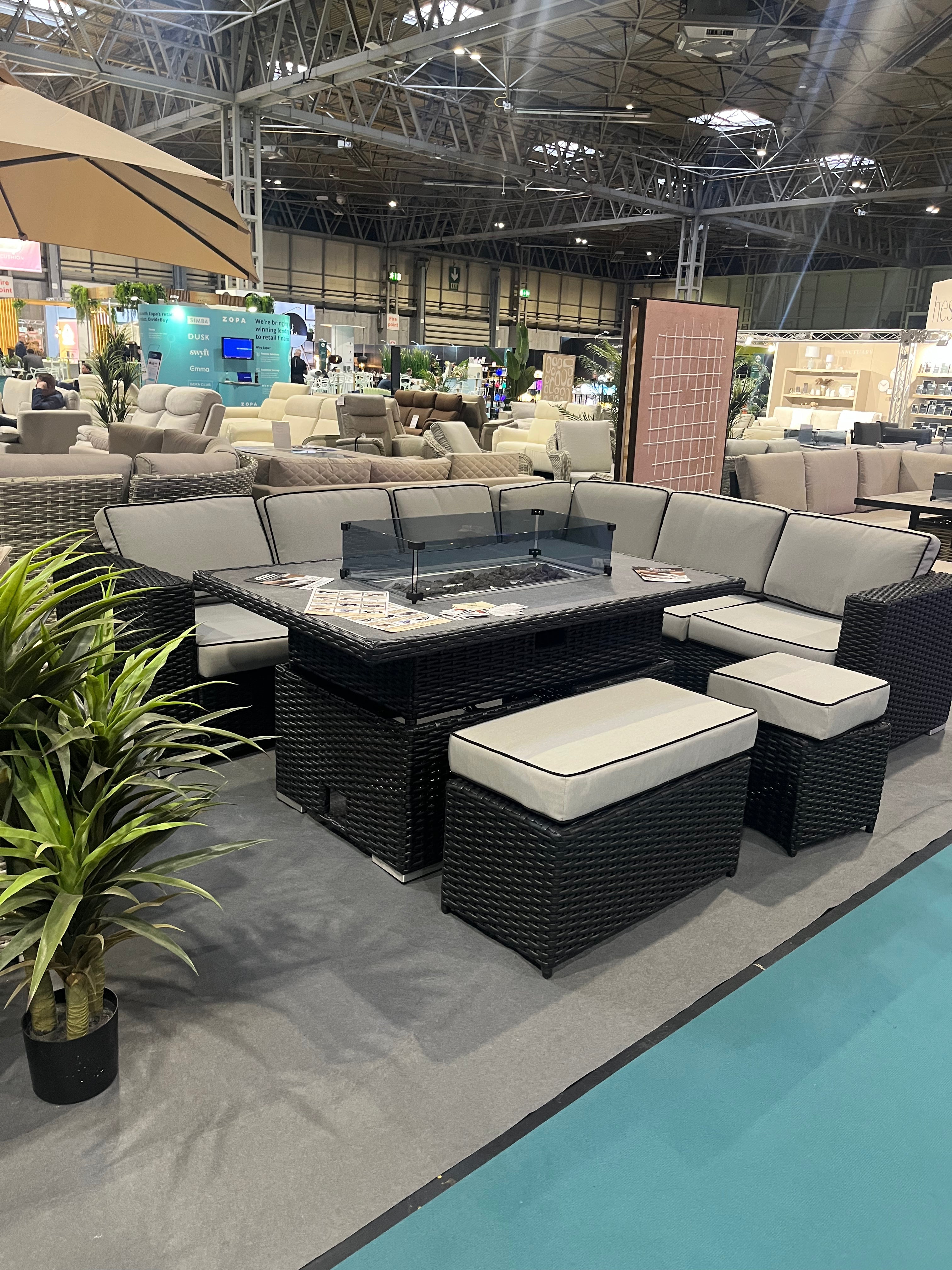 Manhattan Black Rattan 8 Seater Corner Fire Pit Dining Set with Rising Table