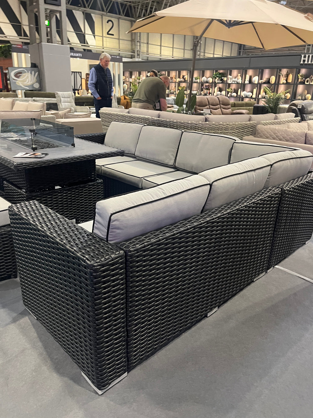 Manhattan Black Rattan 8 Seater Corner Fire Pit Dining Set with Rising Table