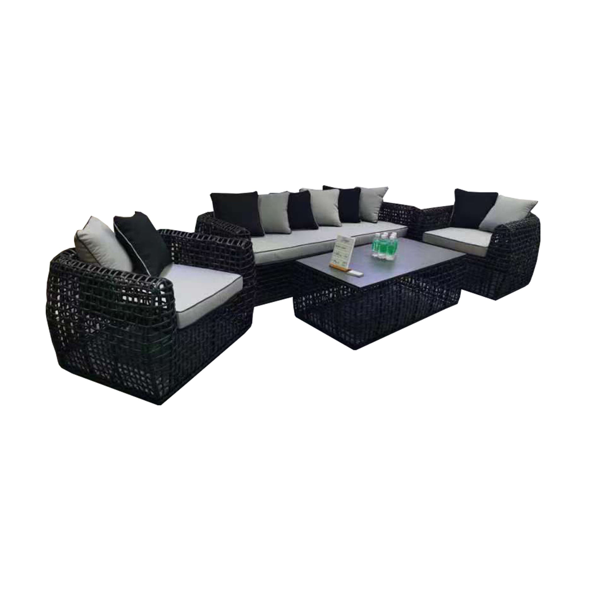 Hanley Black Rattan Garden Sofa Set with 2 Armchairs & Coffee Table
