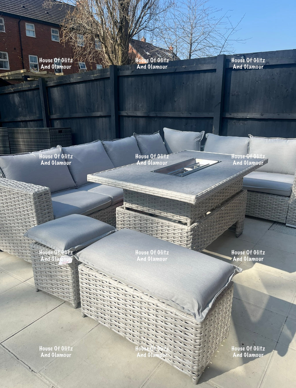 Santiago Grey Rattan 8 Seater Corner Fire Pit Dining Set | Rising Table Garden Furniture