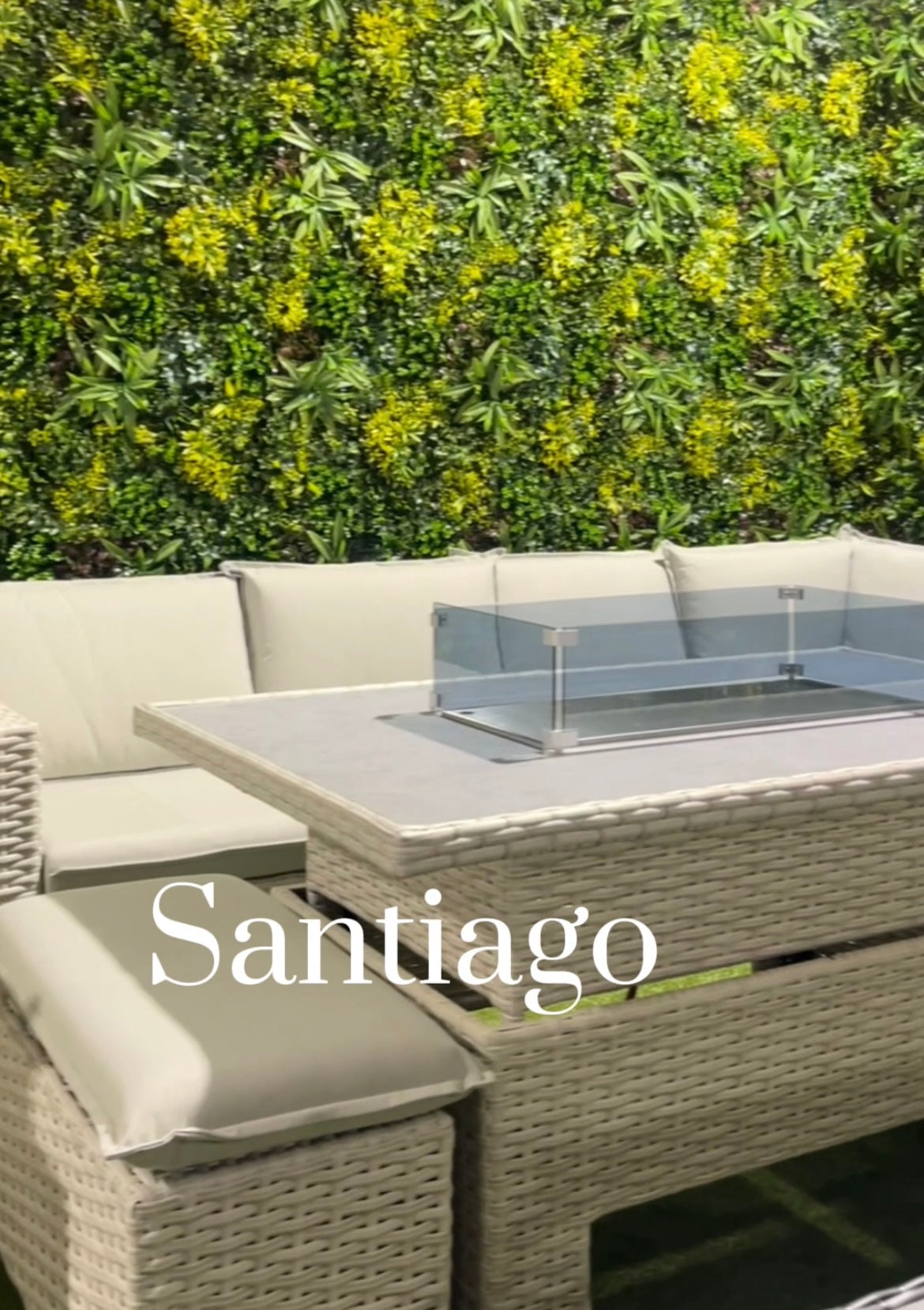 Santiago Grey Rattan 8 Seater Corner Fire Pit Dining Set | Rising Table Garden Furniture