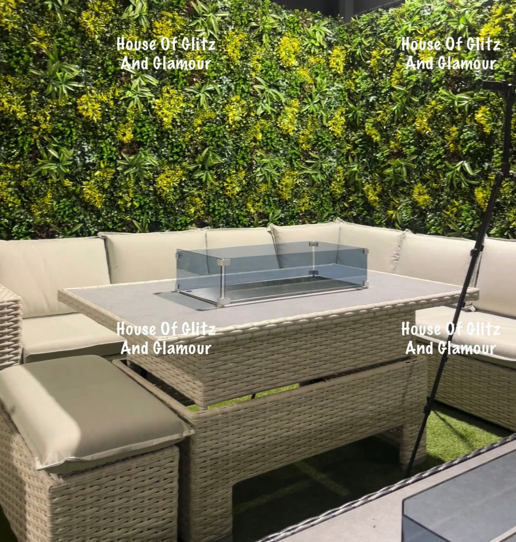 Santiago Grey Rattan 8 Seater Corner Fire Pit Dining Set | Rising Table Garden Furniture