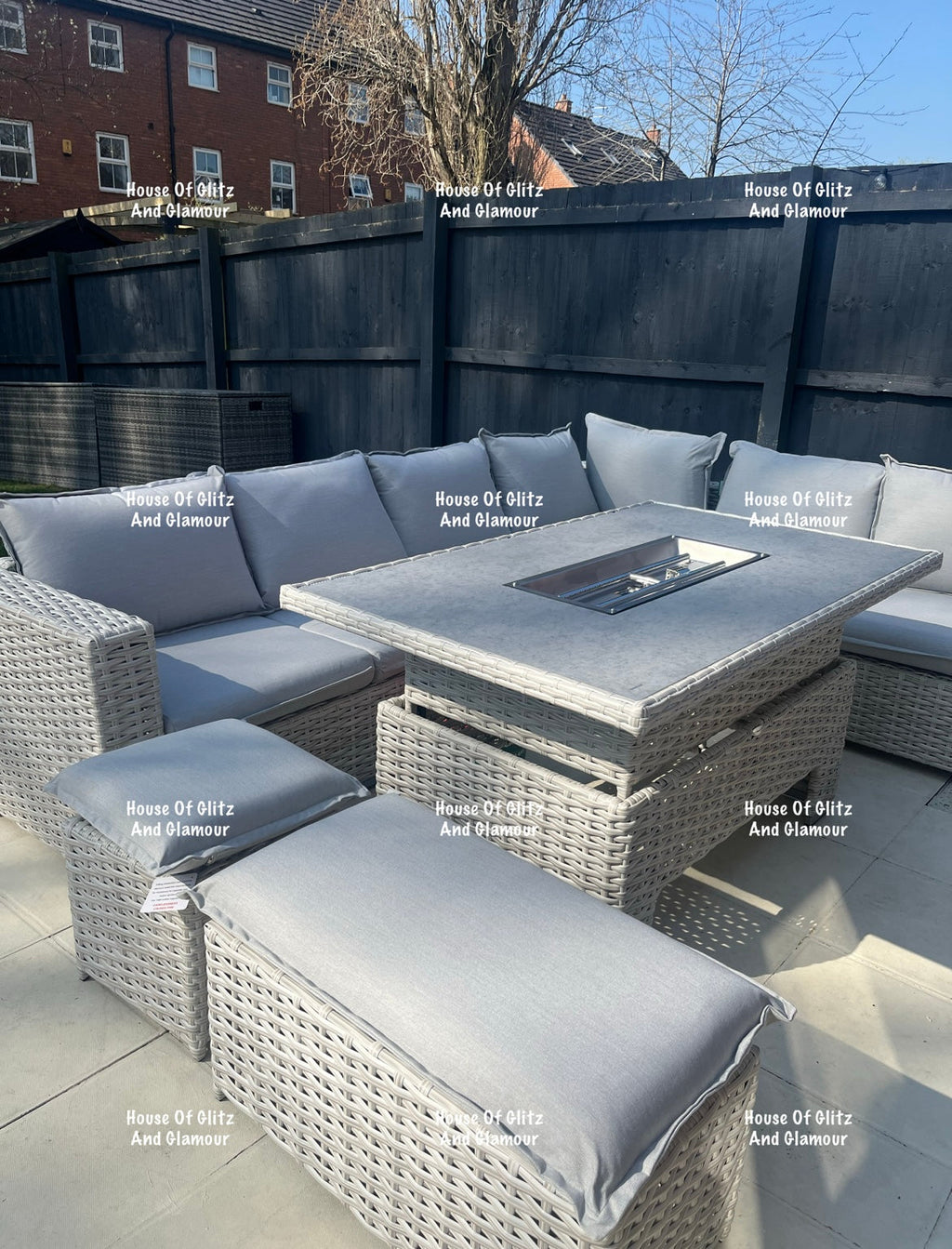 Santiago Grey Rattan 8 Seater Corner Fire Pit Dining Set | Rising Table Garden Furniture