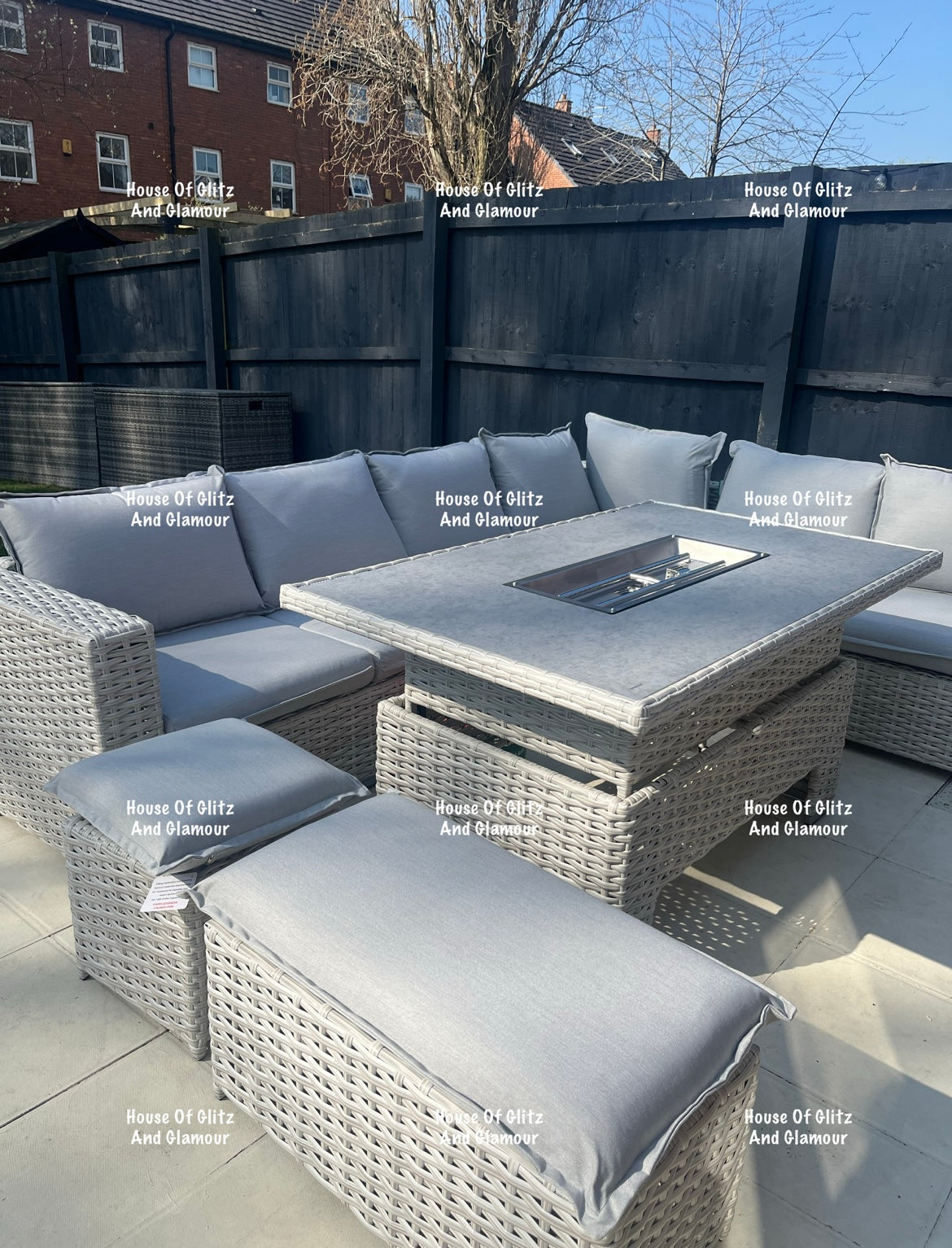 Santiago Grey Rattan 8 Seater Corner Fire Pit Dining Set | Rising Table Garden Furniture