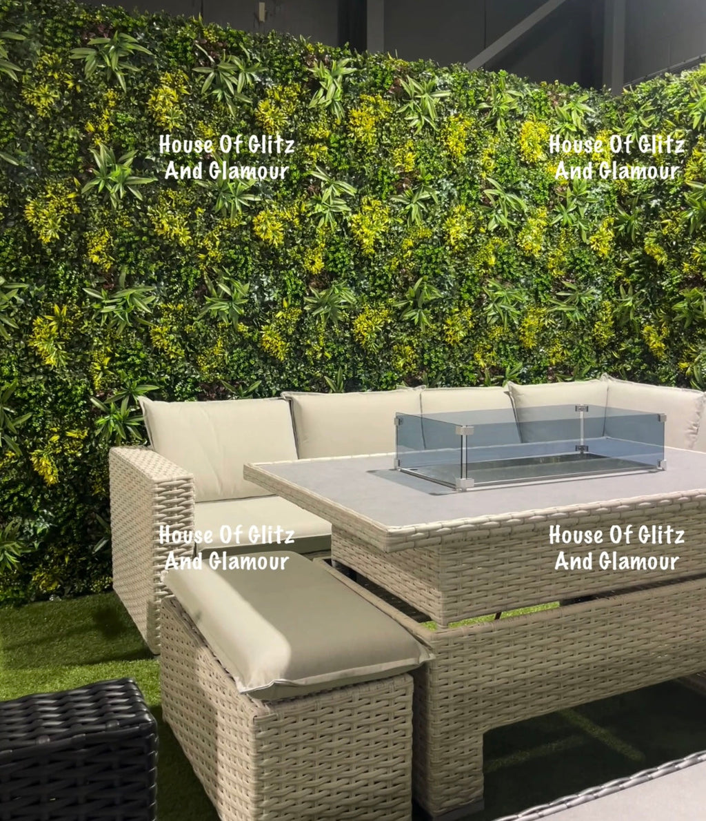 Santiago Grey Rattan 8 Seater Corner Fire Pit Dining Set | Rising Table Garden Furniture
