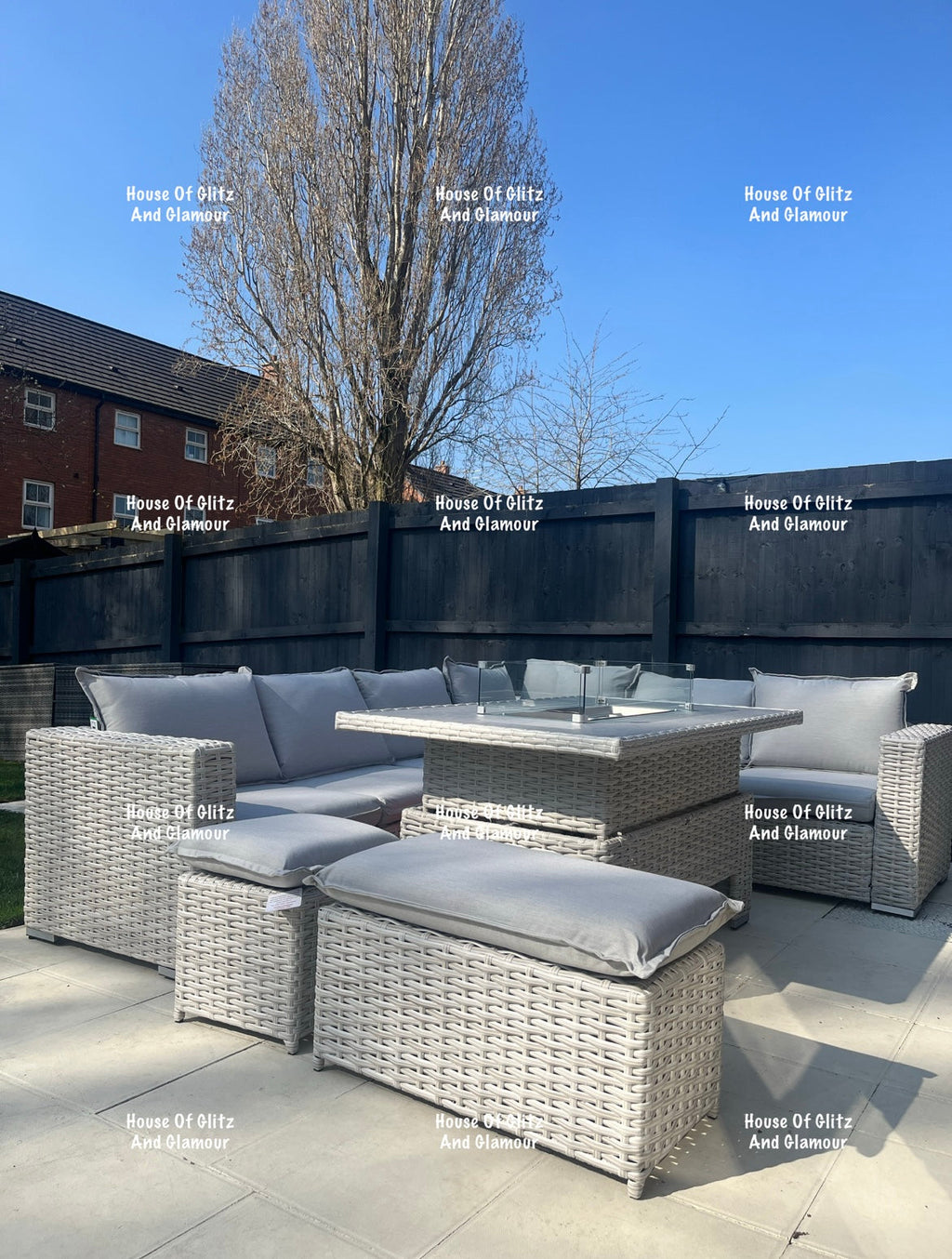 Santiago Grey Rattan 8 Seater Corner Fire Pit Dining Set | Rising Table Garden Furniture