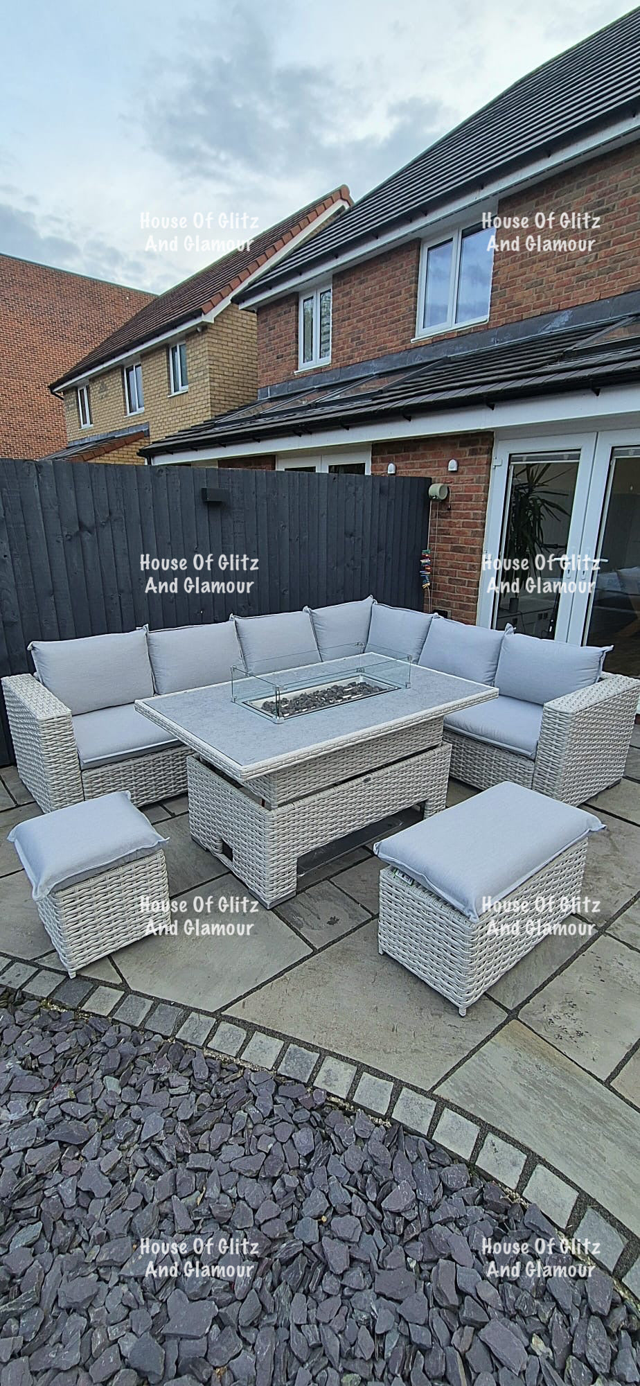 Santiago Grey Rattan 8 Seater Corner Fire Pit Dining Set | Rising Table Garden Furniture