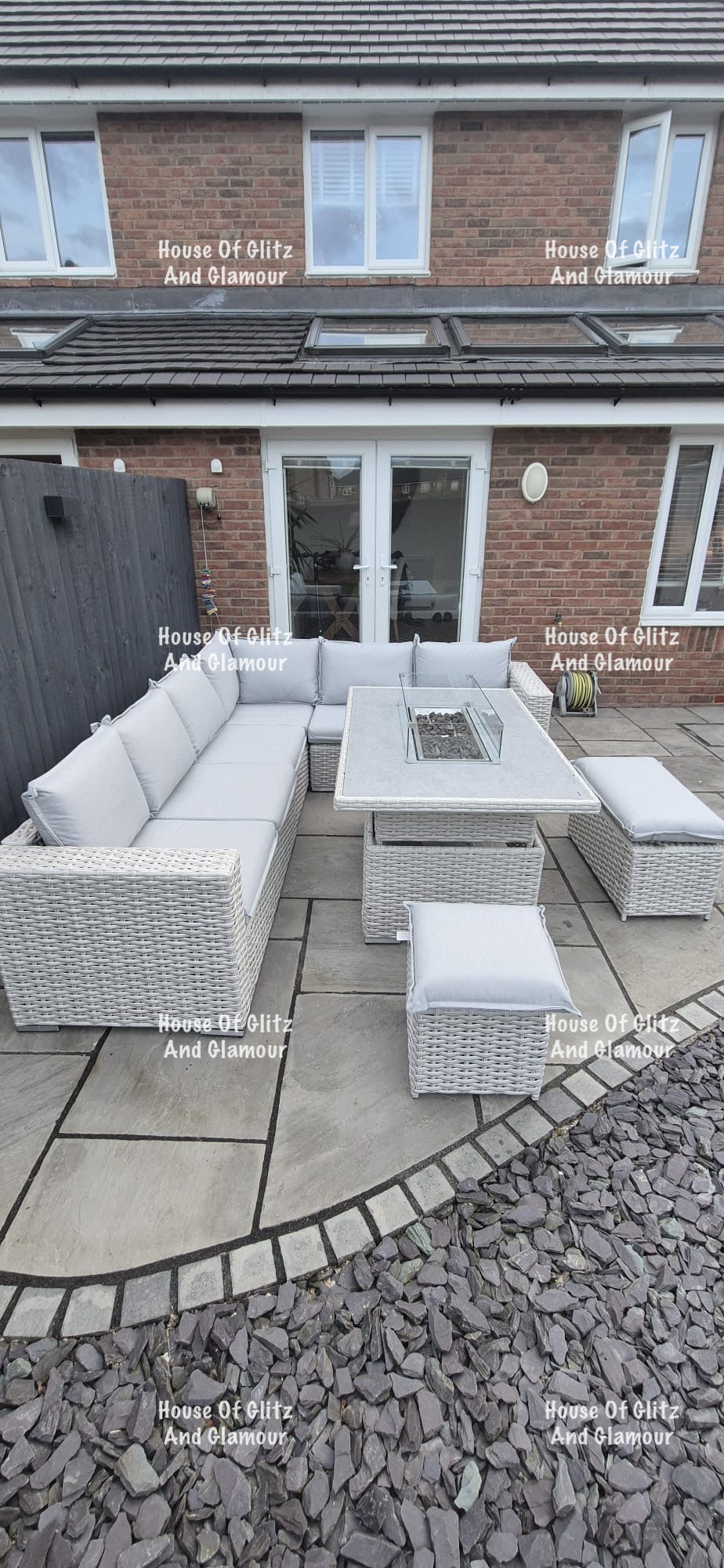 Santiago Grey Rattan 8 Seater Corner Fire Pit Dining Set | Rising Table Garden Furniture