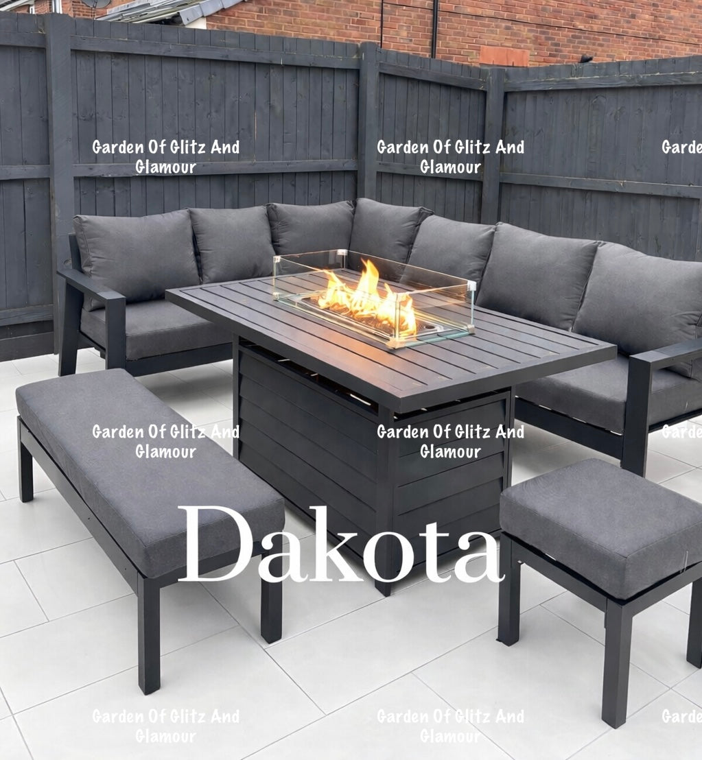 Dakota Black Aluminium Fire Pit Dining Set UK | 10 Seater Garden Set