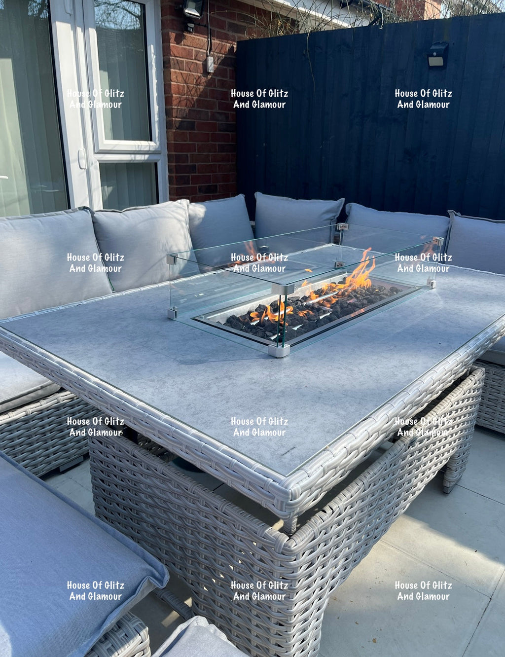 Santiago Grey Rattan 8 Seater Corner Fire Pit Dining Set | Rising Table Garden Furniture
