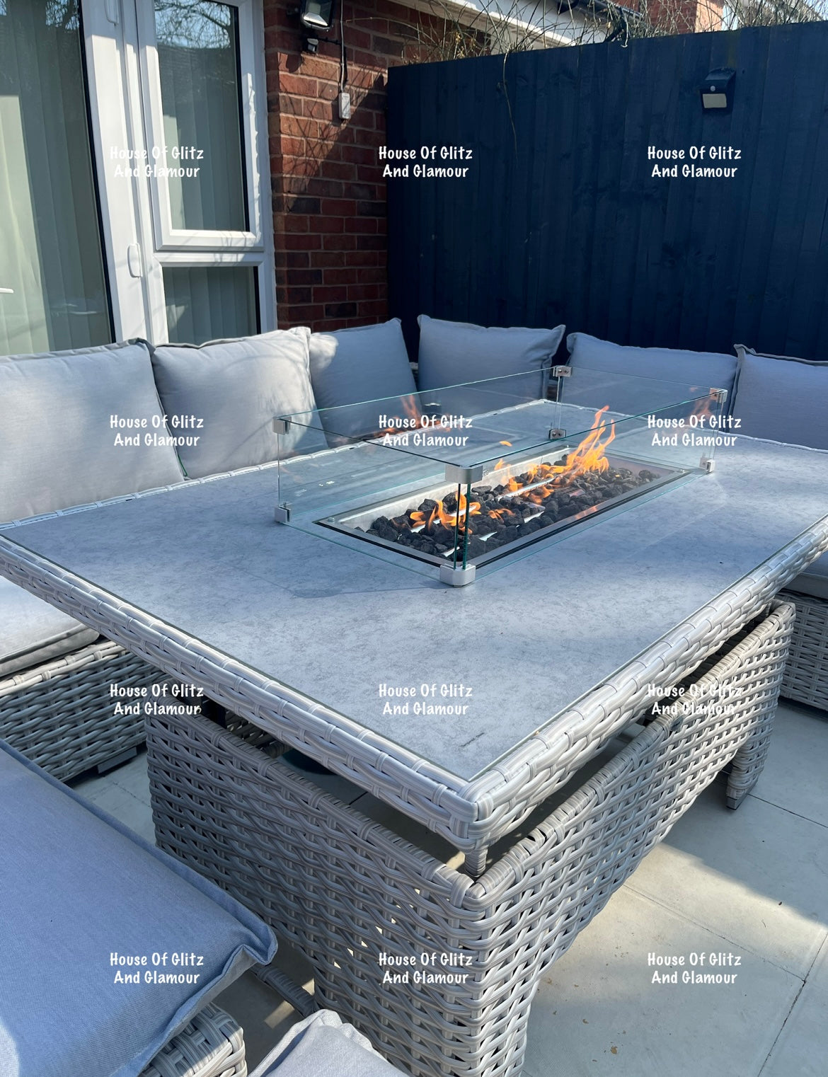 Santiago Grey Rattan 8 Seater Corner Fire Pit Dining Set | Rising Table Garden Furniture