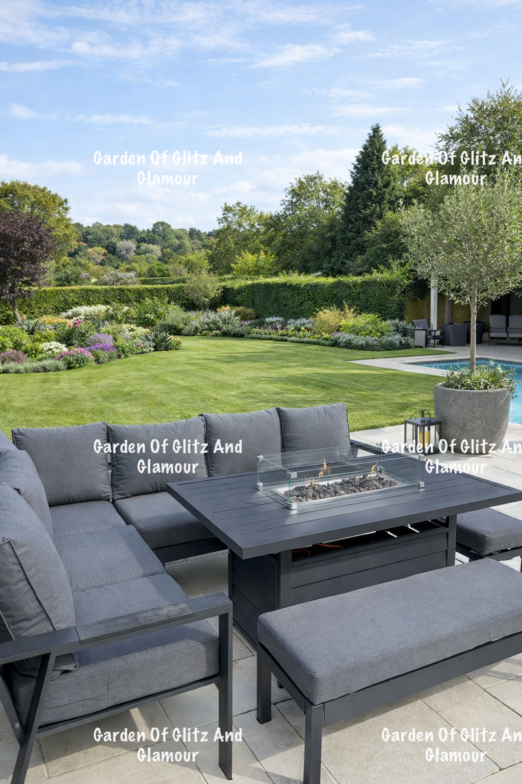 Dakota Grey Aluminium Fire Pit Dining Set UK | 10 Seater Corner Sofa